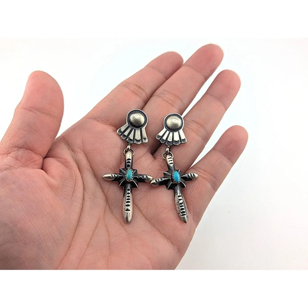 Native Am Earrings Navajo‎ Iodize Sterling Silver Cross Turquoise Jewelry**
